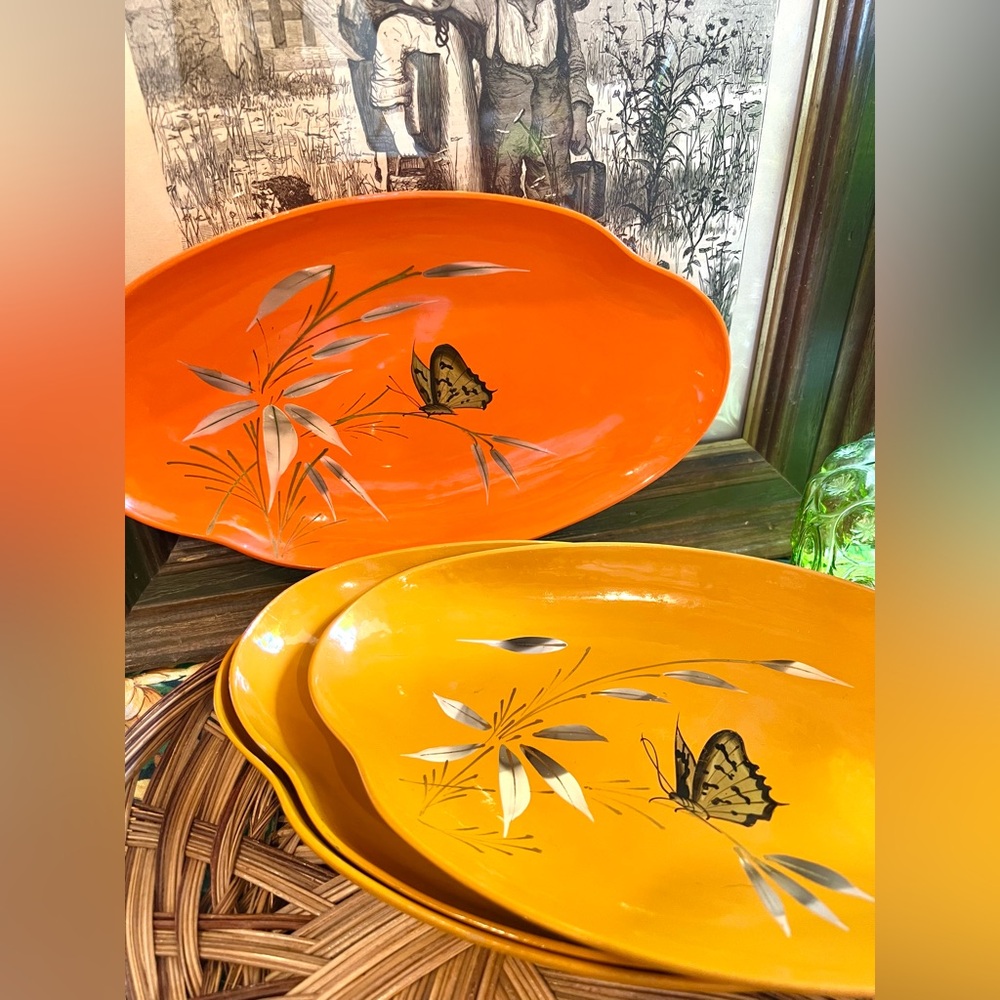 Vintage Catalina Wooden Ware Oblong Plater Dish Butterfly Hand Painted Japan